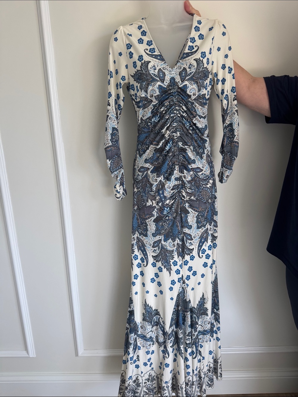 Hale Bob Blue & White Paisley Ruched V-Neck Maxi Dress